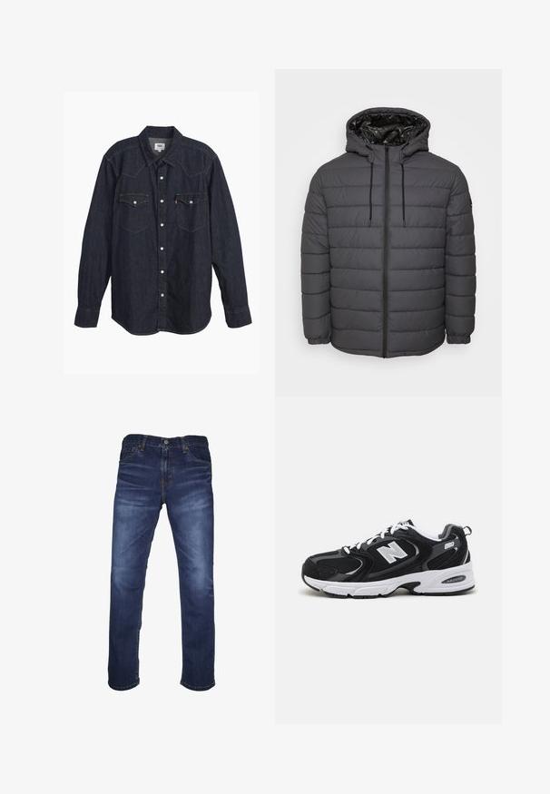 Steppjacke in Dunkelgrau, mit Reißverschluss, Kapuze mit verstellbaren Kordeln und gesteppter Optik sowie elastischen Bündchen.; Dunkelblauses Denim-Hemd mit langen Ärmeln und spitzem Kragen, zwei Brusttaschen, weißen Knöpfen und kontrastierendem gelbem Stich. Glattes, robustes Material.; Dunkelblaue Jeans aus Denim mit geradem Beinschnitt, fünf Taschen und orangefarbenen Nähten, mit einem Knopf- und Reißverschluss.; Schwarze und graue Sportschuhe mit Obermaterial aus Mesh und Wildleder, ausgestattet mit einer weißen Zwischensohle, Schnürsenkeln und einem markanten "N"-Logo an der Seite.