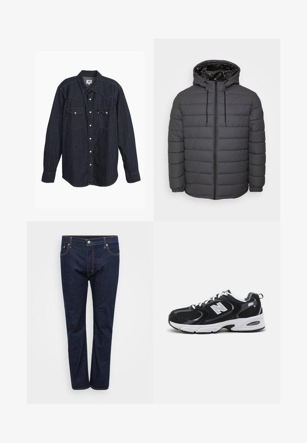 Steppjacke in Dunkelgrau, mit Reißverschluss, Kapuze mit verstellbaren Kordeln und gesteppter Optik sowie elastischen Bündchen.; Dunkelblauses Denim-Hemd mit langen Ärmeln und spitzem Kragen, zwei Brusttaschen, weißen Knöpfen und kontrastierendem gelbem Stich. Glattes, robustes Material.; Dunkelblaue Denim-Jeans mit geradem Bein, sichtbar abgenäht in kontrastierendem Gelb, fünf Taschen und einem vorderen Knopfverschluss.; Schwarze und graue Sportschuhe mit Obermaterial aus Mesh und Wildleder, ausgestattet mit einer weißen Zwischensohle, Schnürsenkeln und einem markanten "N"-Logo an der Seite.