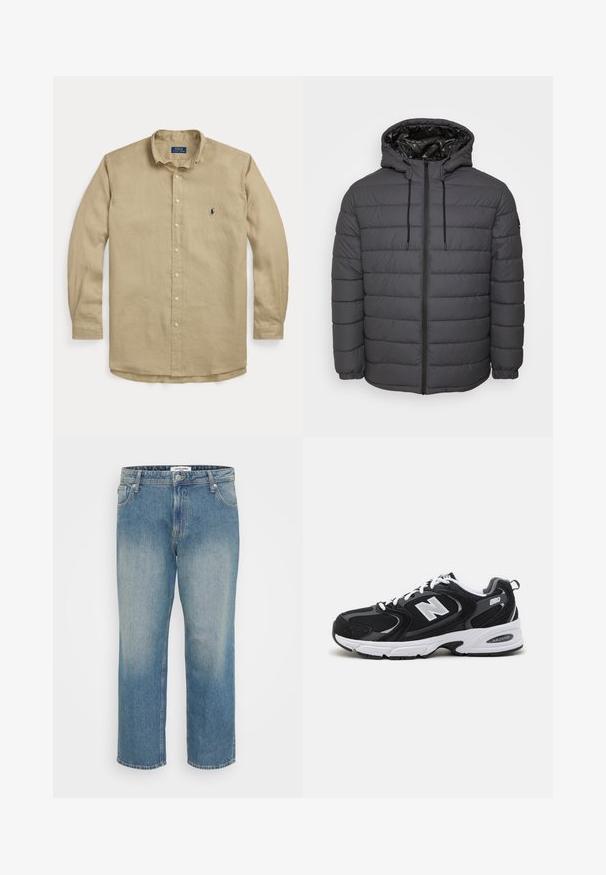 Steppjacke in Dunkelgrau, mit Reißverschluss, Kapuze mit verstellbaren Kordeln und gesteppter Optik sowie elastischen Bündchen.; Beige langärmliges Hemd zum Knöpfen mit Kragen, vorderen Knöpfen und kleinem dunkelblau besticktem Logo auf der linken Brust.; Geradlinige blaue Jeans aus Denim mit verblasster Vorderseite, Fünf-Taschen-Design, Knopf- und Reißverschluss sowie Gürtelschlaufen.; Schwarze und graue Sportschuhe mit Obermaterial aus Mesh und Wildleder, ausgestattet mit einer weißen Zwischensohle, Schnürsenkeln und einem markanten "N"-Logo an der Seite.