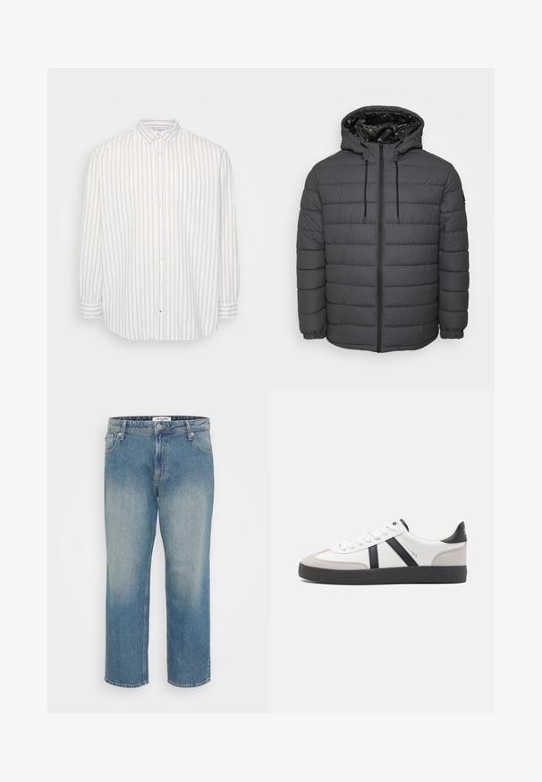 Chaqueta acolchada en gris oscuro, con cierre de cremallera, capucha con cordones ajustables y diseño acolchado con puños elásticos.; Camisa de botones en rayas blancas y beige claro, de mangas largas, con bolsillo en el lado izquierdo del pecho, cuello clásico, de tela ligera.; Vaqueros de mezclilla azul de pierna recta con parte delantera desteñida, diseño de cinco bolsillos, cierre con botón y cremallera, y trabillas para cinturón.; Zapatilla blanca con acentos en negro y gris, que presenta una puntera texturizada en gris, suela de goma negra y cordones planos blancos. Diseño limpio, estilo minimalista.
