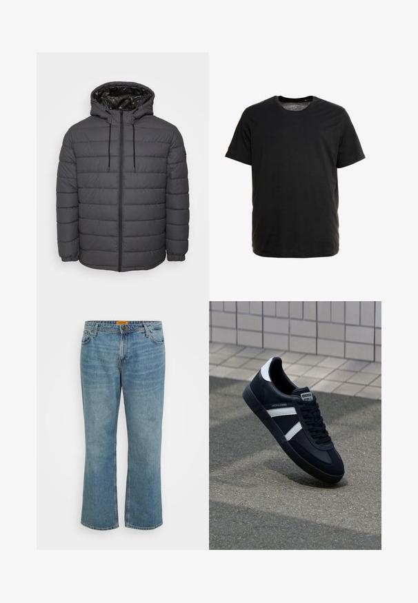 Chaqueta acolchada en gris oscuro, con cierre de cremallera, capucha con cordones ajustables y diseño acolchado con puños elásticos.; Camiseta de manga corta negra, hecha de tejido suave, con cuello redondo y corte recto, sin patrones ni gráficos visibles.; Jeans de mezclilla en azul claro con corte recto, cinco bolsillos, costura visible y bragueta con cremallera. La etiqueta es amarilla en la parte interior de la cinturilla.; Zapatilla de cuero negra con rayas blancas, suela de goma texturizada y parte frontal con cordones. Cuenta con una etiqueta de marca en la lengüeta.