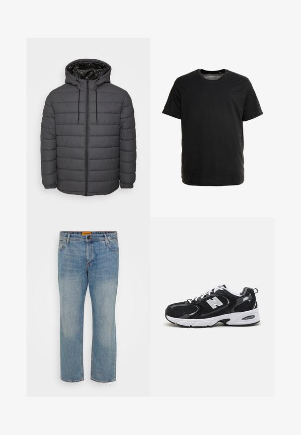 Steppjacke in Dunkelgrau, mit Reißverschluss, Kapuze mit verstellbaren Kordeln und gesteppter Optik sowie elastischen Bündchen.; Schwarzes Kurzarm-T-Shirt aus weichem Stoff, mit Rundhalsausschnitt und geradem Schnitt, ohne sichtbare Muster oder Grafiken.; Hellblaue Denim-Jeans mit geradem Bein, ausgestattet mit fünf Taschen, einem Knopfverschluss und einem orangefarbigen Markenschild am Bund.; Schwarze und graue Sportschuhe mit Obermaterial aus Mesh und Wildleder, ausgestattet mit einer weißen Zwischensohle, Schnürsenkeln und einem markanten "N"-Logo an der Seite.