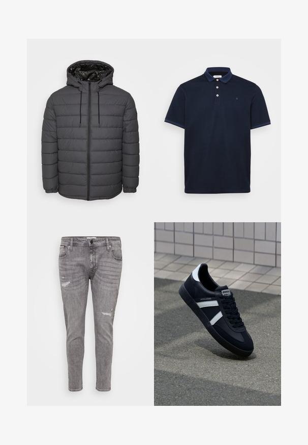 Steppjacke in Dunkelgrau, mit Reißverschluss, Kapuze mit verstellbaren Kordeln und gesteppter Optik sowie elastischen Bündchen.; Marineblaues Polohemd aus weichem Stoff, mit klassischem Kragen, Drei-Knopf-Leiste und kontrastierenden gestreiften Akzenten an den Ärmeln.; Graue Jeans aus Denim mit Distressed-Details, slim fit, klassischer Five-Pocket-Design und leicht verjüngtem Bein.; Schwarze Leder-Sneaker mit weißen Streifen, strukturiertem Gummisohle und Schnürung. Verfügt über ein Markenetikett auf der Zunge.