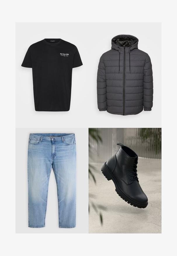 Gewatteerd jack in donkergrijs, met ritssluiting, capuchon met verstelbare trekkoorden en doorgestikt ontwerp met elastische manchetten.; Zwarte T-shirt met korte mouwen en ronde hals, met witte tekst "J&J sinds 1990 Society club" op de linkerborst.; Lichtblauwe denim jeans met knoop- en ritssluiting aan de voorkant, vijf zakken en een rechte pijpsnit.; Zwarte leren enkelboots met een ronde neus, vetersluiting en robuuste rubberen zool. Gladde textuur met een bevestigingslus aan de achterkant.
