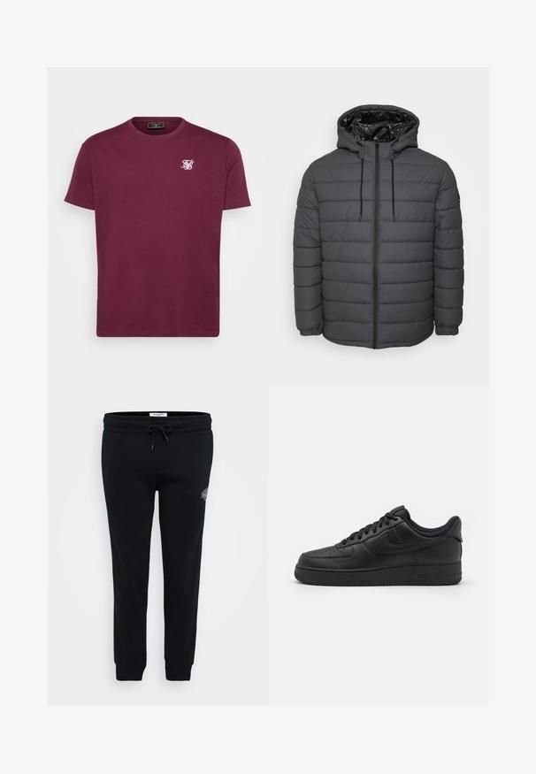 Steppjacke in Dunkelgrau, mit Reißverschluss, Kapuze mit verstellbaren Kordeln und gesteppter Optik sowie elastischen Bündchen.; Bordeaux Baumwoll-T-Shirt mit runder Halslinie, kurzen Ärmeln und einem kleinen weißen Logo auf der linken Brust. Glatte Textur und klassischer Schnitt.; Schwarze Jogginghose aus weichem Material, mit elastischem Bund, Kordelzug, Seitentaschen und einem kleinen Logodetail auf der Hüfte.; Nike Sportswear AIR FORCE 1 07 FLYEASE - Sneaker low - black