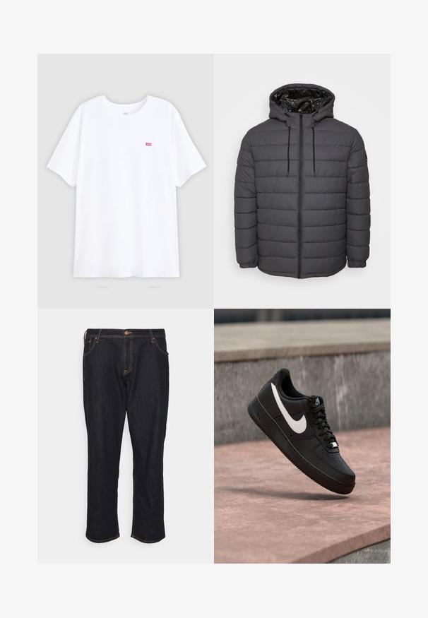 Doudoune de couleur gris foncé, dotée d'une fermeture éclair, d'une capuche avec cordons de serrage ajustables et d'un design matelassé avec poignets élastiqués.; T-shirt en coton blanc à manches courtes et encolure ras du cou. Présente un petit logo rouge Levi's sur la poitrine gauche. Design plat, sans motifs.; Jack & Jones JJICHRIS JJORIGINAL - Jean boyfriend - blue denim; Basket Nike Air Force 1 noire avec logo swoosh blanc flottant au-dessus d'une surface en pierre et d'un mur texturé gris en arrière-plan.