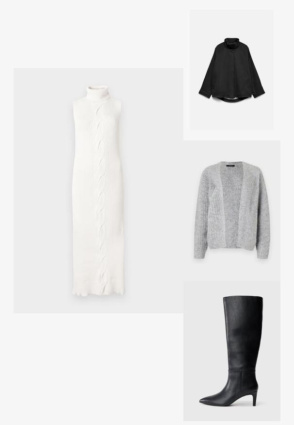 Must kerge jope püstkraega, kahe eesmise taskuga, nööpidega kinnitusega ja pikkade varrukatega, esitatud lamedalt valgel taustal.; Vero Moda VMNOVAH - Kardigan - medium grey; Varrukateta valge kootud kleit kõrge kaelusega, mille keskel on palmiku muster ja laugjas ääris, valmistatud soonikmustriga kangast.; Must have mustakass, kõrgete säärega, siledast nahast, terava ninaga ja keskmise kõrgusega kontsaga, millel on lihtne ja stiilne disain.