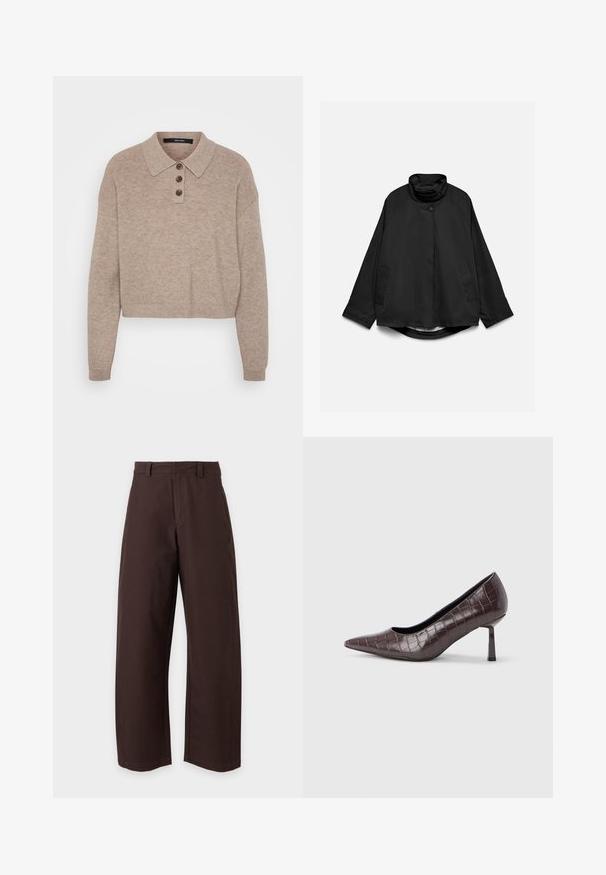 Veste noire légère avec col montant, deux poches avant, fermetures à boutons et manches longues, présentée à plat sur fond blanc.; Pull en beige raccourci avec une texture côtelée, un plastron à trois boutons et un col classique. Manches longues, tissu doux et design décontracté.; Pantalon marron à jambe droite avec passants de ceinture et fermeture devant, présenté sur fond blanc uni.; Escarpins à bout pointu en similicuir marron avec une texture crocodile, dotés d’un talon fin et angulaire ainsi que d’une doublure intérieure lisse.
