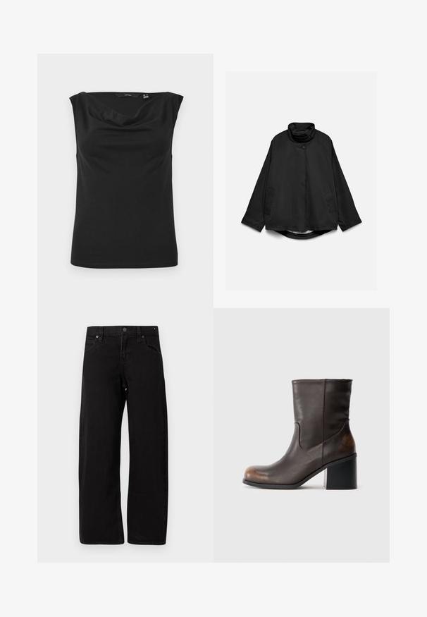 Veste noire légère avec col montant, deux poches avant, fermetures à boutons et manches longues, présentée à plat sur fond blanc.; Haut noir sans manches en tissu lisse et extensible ; il présente un décolleté drapé et une silhouette ajustée avec un ourlet droit.; Jean noir à jambes droites avec cinq poches, fermeture à bouton et passants pour ceinture, présenté à plat sur un fond clair.; Botte en cuir marron foncé mi-mollet avec un bout arrondi et un talon carré, montrant des détails d'usure subtils sur les zones du bout et du talon.