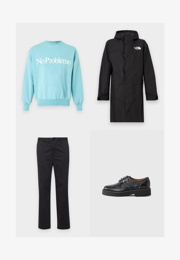 Manteau imperméable noir avec capuche, fermeture à pressions sur le devant, deux grandes poches avant, manches avec poignets réglables, et un logo sur le côté supérieur gauche.; Sweat-shirt bleu clair à col ras du cou avec texte blanc « No Problemo » centré sur le devant, manches longues et poignets et ourlet côtelés.; Pantalons en coton noir avec une coupe droite, dotés d'une fermeture à bouton et de passants de ceinture. Texture lisse, sans motifs ni accents visibles.; Chaussure noire en cuir à lacets avec semelle épaisse et œillets métalliques, couture blanche visible et doublure intérieure marron, vue de côté externe.