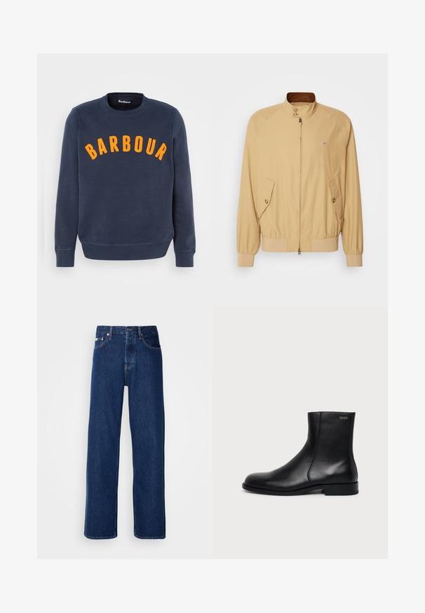 Veste bomber beige avec une fermeture éclair à l'avant, un col montant, deux poches latérales et des poignets côtelés. Texture lisse et matériau léger.; Sweatshirt bleu marine avec un logo "Barbour" brodé en orange sur la poitrine. Le pull a un col rond et des manches longues.; Jean en denim bleu foncé avec un design à jambes larges, doté d'une fermeture à bouton et d'un style à cinq poches classique. Le tissu a une texture lisse.; Bottine en cuir noir à talon bas, couture latérale et petit logo "HUGO" sur le revers supérieur sur un fond uni.