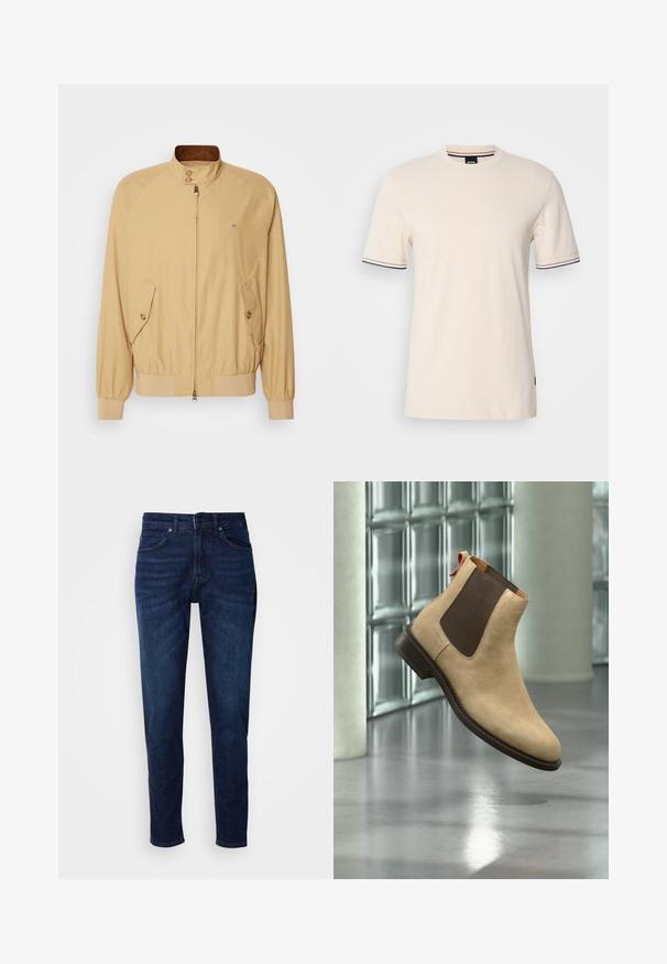 Khaki-Bomberjacke mit einem Frontreißverschluss, Stehkragen, zwei Seitentaschen und gerippten Bündchen. Glatte Textur und leichtes Material.; Beige T-Shirt mit kurzen Ärmeln aus Baumwolle, mit Rundhalsausschnitt, kontrastfarbigen Besätzen an den Ärmeln und einem Logolabel an der Seite.; Dunkelblaue Jeans aus Denim mit geradem Bein, ausgestattet mit Taschen und einem Knopfverschluss an der Taille. Weiche Textur, minimale Ausbleichungen.; Beiger Veloursleder-Chelsea-Stiefel mit dunkelbraunem elastischem Seiteneinsatz und Zuglasche, schwebend über einem reflektierenden, polierten Boden innen gezeigt.