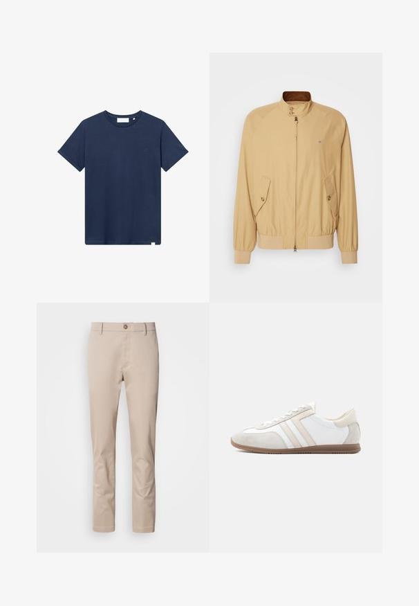 Khaki bombardér jacket s predným zipsom, stojacím golierom, dvoma bočnými vreckami a rebrovanými manžetami. Hladká textúra a ľahký materiál.; Námornícky modré bavlnené tričko s kruhovým výstrihom, krátkymi rukávmi a malým vyšitým logom na ľavej hrudi. Hladká textura.; Béžové bavlnené chinos nohavice so strihom rovného strihu, pútka na opasok, jeden predný gombík a hladký, beztextúrny povrch. Žiadne vrecká nie sú viditeľné.; Nízky biely a béžový tenisky s semišovými akcentmi, so šnurovaním a hnedej gumovej podrážke, zobrazené z bočného pohľadu na jednoduchom pozadí.