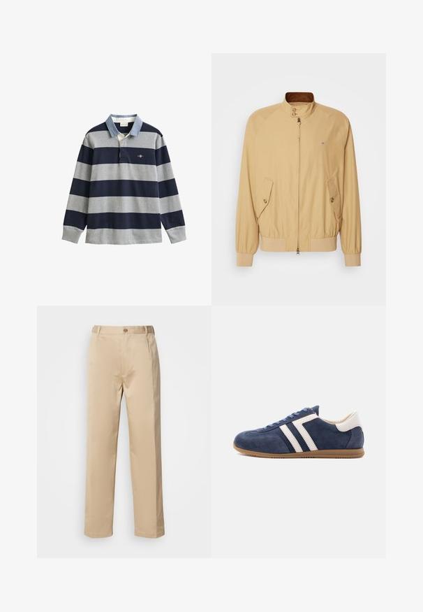 Veste bomber beige avec une fermeture éclair à l'avant, un col montant, deux poches latérales et des poignets côtelés. Texture lisse et matériau léger.; Maillot de rugby à manches longues avec larges rayures horizontales bleu marine et grises, col bleu clair et petit logo sur la poitrine gauche.; Pantalons beiges en tissu léger, avec une coupe droite, une taille avec passants de ceinture et une fermeture à bouton sur le devant.; Baskets en daim bleu avec des bandes en cuir blanc, un talon beige, une semelle en gomme et des lacets bleus, présentées de profil sur fond blanc.
