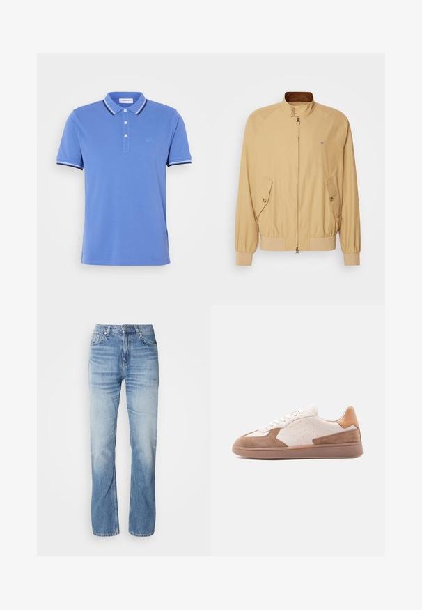 Bomber jacket khaki dengan ritsleting depan, kerah tegak, dua saku samping, dan manset berbahan rajut. Tekstur halus dan bahan ringan.; Sinimusta puuvillapolo-paita, jossa on kolmen napin kaulus ja eroavat valkoiset ja tummansiniset raidat kauluksessa ja hihansuiden reunoissa.; Vaatevaaleat farkut suoraan lahkeilla, haalistunut pinta, viisi taskua ja napitus. Klassinen muotoilu ja keskipaksuus.; Valkoinen ja vaaleanruskea matala tennari, jossa mokkanahkaiset yksityiskohdat, rei'itetyt sivut, valkoiset nauhat ja kuvioitu kumipohja, kuvattuna sivusta valkoisella taustalla.