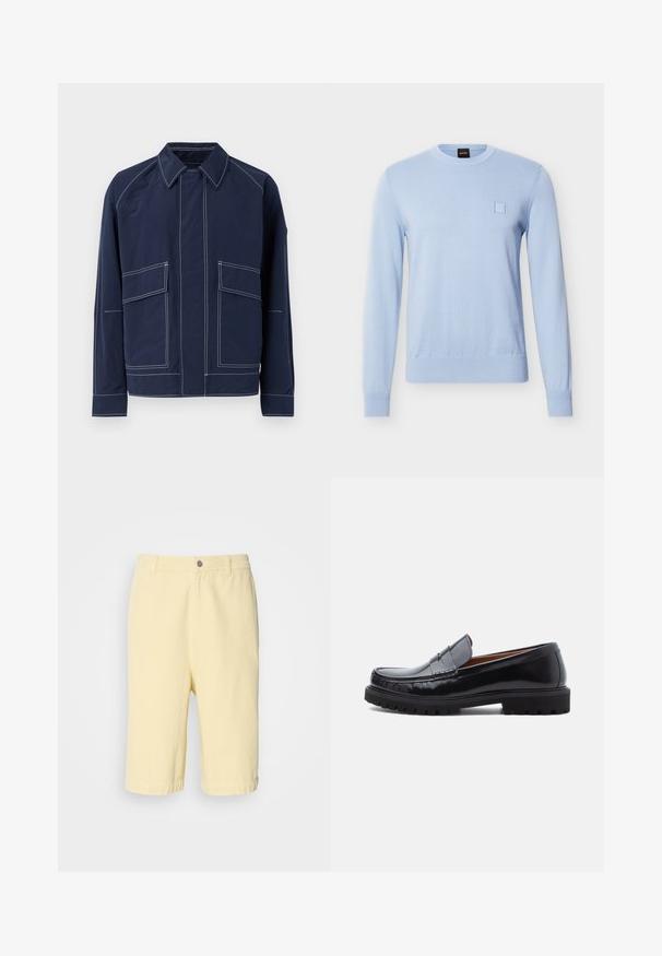 Marineblaue Jacke mit Kragen, zwei großen Fronttaschen, kontrastierender weißer Naht und lockerer Passform. Hergestellt aus leichtem Material.; Hellblauer langärmliger Strickpullover mit Rundhalsausschnitt, gerippten Bündchen und Saum sowie einem kleinen eingenähten Quadrat auf der linken Brust.; Gelbe Baumwoll-Shorts mit geradem Schnitt, mit einem Knopfverschluss vorne und umgeschlagenem Saum. Glatte Textur, lässiges Design.; Schwarze Leder-Penny-Loafer mit strapazierfähiger Gummisohle und Mokassin-Stich, seitlich auf einem weißen Hintergrund dargestellt.