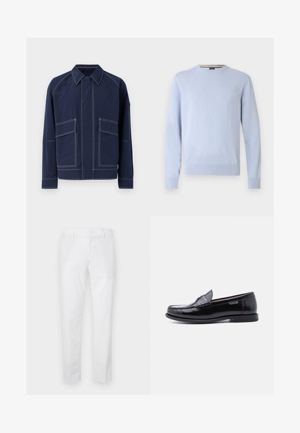 Veste bleu marine avec un col, deux grandes poches avant, des coutures blanches contrastées et une coupe décontractée. Fabriquée en matériau léger.; Pull bleu clair, col rond, manches longues, poignets et ourlet côtelés, avec un petit logo sur la poitrine, en tissu tricoté doux.; Pantalon blanc slim-fit avec passants de ceinture et poches latérales, présenté à plat sur un fond clair.; Mocassins en cuir noir avec une finition brillante, présentant un motif cousu sur l'avant-pied et une semelle en caoutchouc noire texturée et basse.