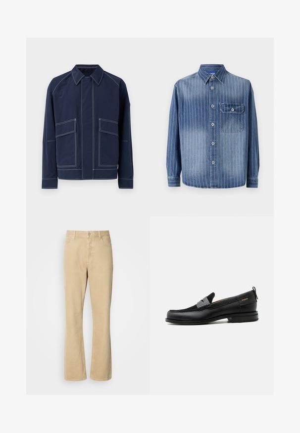 Veste bleu marine avec un col, deux grandes poches avant, des coutures blanches contrastées et une coupe décontractée. Fabriquée en matériau léger.; Chemise en denim avec des rayures verticales bleu clair, col classique, fermeture à boutons, poche sur la poitrine gauche et manches longues avec poignets boutonnés.; Pantalons en velours côtelé beige évasés avec une fermeture à bouton et à fermeture éclair, comportant cinq poches et des coutures visibles le long des jambes. Texture lisse.; Mocassin en cuir noir avec détail de bride grise, talon bas et semelle texturée, marqué "HUGO" en or sur le côté.