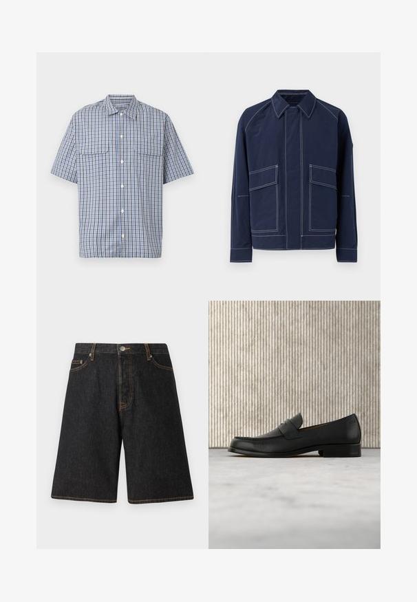 Veste bleu marine avec un col, deux grandes poches avant, des coutures blanches contrastées et une coupe décontractée. Fabriquée en matériau léger.; Chemise à manches courtes avec boutons, motif à carreaux bleu, blanc et noir, et deux poches à rabat sur la poitrine, sur fond blanc.; Shorts en denim noir avec une coupe droite, présentant des coutures orange, cinq poches et une fermeture à bouton en métal à la taille.; Mocassin en cuir noir flottant au-dessus d'un tapis beige avec une table ronde brune brillante en arrière-plan.
