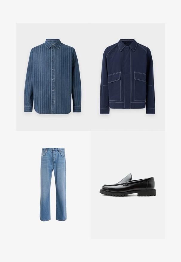 Marineblaue Jacke mit Kragen, zwei großen Fronttaschen, kontrastierender weißer Naht und lockerer Passform. Hergestellt aus leichtem Material.; Samsøe Samsøe SADAMON SHIRT - Hemd - denim; Helle blaue Jeans im Geradeschnitt-Design, mit fünf Taschen, Knopfverschluss, minimaler Ausbleichung und kontrastierenden Nähdetails.; Schwarzer Lederloafer mit grober Gummisohle, genähter Oberseite und geprägtem Markennamen an der Ferse, seitlich auf weißem Hintergrund gezeigt.