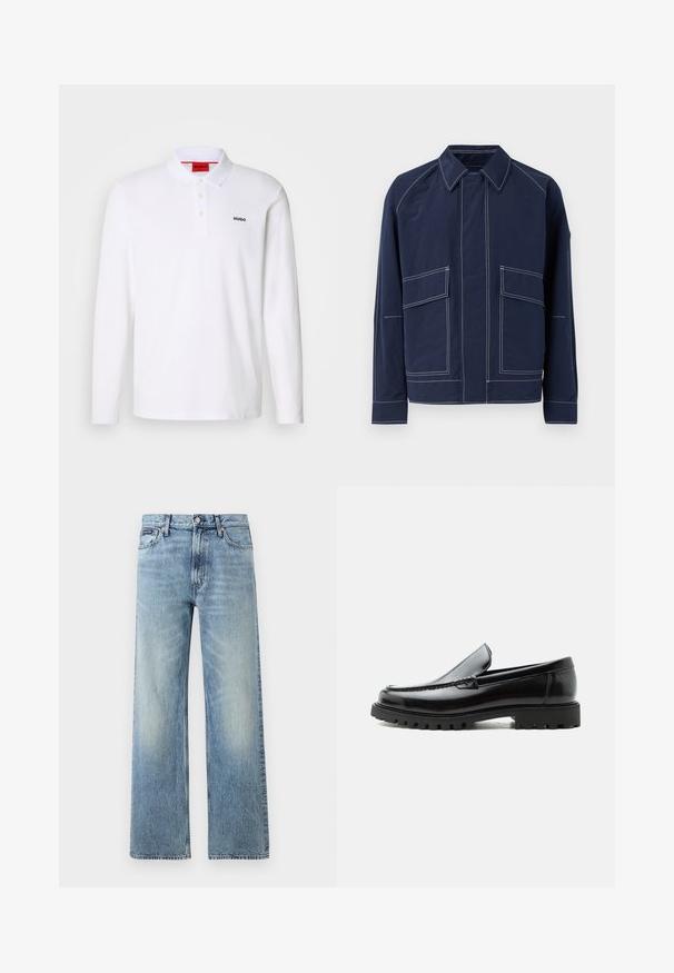 Marineblauwe jas met een kraag, twee grote voorzakken, contrasterende witte stiksels en een ontspannen pasvorm. Gemaakt van lichtgewicht materiaal.; Witte lange mouwen polo-shirt gemaakt van katoen, met een kraag, een drie-knops sluiting en een zwart "HUGO" logo op de linkerborst.; Lichtblauwe denim jeans met rechte pijpen, een hoge taille, vijf zakken, knoopsluiting en subtiele vervaging op de dijen en knieën.; Zwarte leren loafer met dikke rubberen zool, gestikte bovenkant en gegraveerde merknaam op de hiel, zijaanzicht op witte achtergrond.