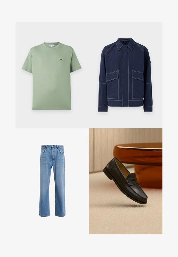 Marineblå jakke med krave, to store frontlommer, kontrast hvide sømme og afslappet pasform. Lavet af letvægtsmateriale.; Lysegrøn bomulds T-shirt med rund halsudskæring, korte ærmer og et lille logo på venstre bryst. Glat tekstur, standard pasform.; Lyseblå denim jeans med lige ben-design, fem lommer, knaplukning, minimal falming og kontraststingdetaljer.; Sort læder loafer-sko hængende over beige tæppe med ravfarvet moderne møblement i baggrunden.