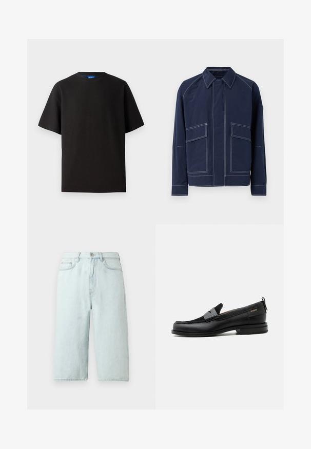 Veste bleu marine avec un col, deux grandes poches avant, des coutures blanches contrastées et une coupe décontractée. Fabriquée en matériau léger.; T-shirt noir à manches courtes, col rond, fabriqué en tissu côtelé. Présente une coupe décontractée et une étiquette de marque bleu subtle à l'intérieur du col.; Shorts en denim bleu clair avec une coupe à jambe droite, taille mi-haute, poches avant et une poche arrière unique, finition avec des coutures discrètes.; Mocassin en cuir noir avec détail de bride grise, talon bas et semelle texturée, marqué "HUGO" en or sur le côté.