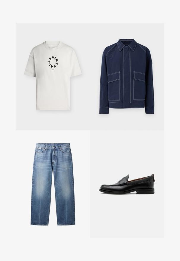 Marineblå jakke med krave, to store frontlommer, kontrast hvide sømme og afslappet pasform. Lavet af letvægtsmateriale.; Hvid T-shirt med korte ærmer og rund halsudskæring med sort cirkulær tekst, der staver "SAINT LAINT" og "LONDON" under cirklen.; Lyseblå jeans med lige ben, falmede områder, fem lommer, knaplukning og Calvin Klein-mærke på højre forlommer.; Sort læder herre loafer med moc-tå syning, penny strop, struktureret krave og lav stablet hæl på hvid baggrund.