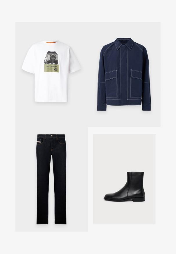 Marineblå jakke med krave, to store frontlommer, kontrast hvide sømme og afslappet pasform. Lavet af letvægtsmateriale.; Hvid bomulds t-shirt med et grafik af et køretøj og teksten "ALL-TERRAIN" i grøn, med et sort-hvidt design. Orange inderside af kraven.; Mørkeblå denim jeans med lige ben design, med orange syninger og et mærke på forsiden af lommen. Metal knaplukning.; Sort glat læderankelstøvle med lav hæl og sidelukning med lynlås, mærket Hugo nær den øverste kant.