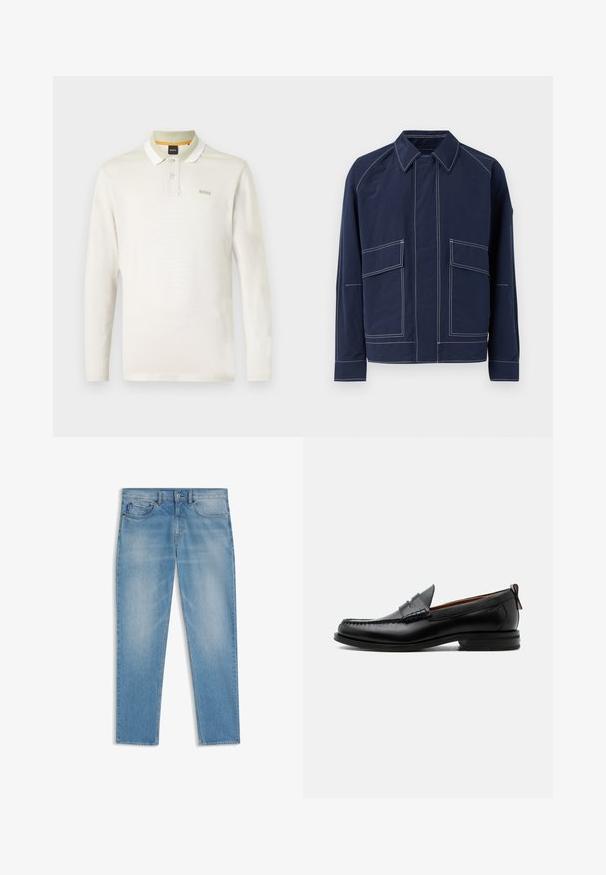 Marineblaue Jacke mit Kragen, zwei großen Fronttaschen, kontrastierender weißer Naht und lockerer Passform. Hergestellt aus leichtem Material.; Langärmliges Poloshirt in hellem Creme, aus weichem Baumwollmaterial. Verfügt über einen weißen Kragen, eine Zwei-Knopf-Leiste und ein dezentes Markenlogo auf der Brust.; Hellblaue Jeans aus Denim mit klassischem Fünf-Taschen-Design, Knopf- und Reißverschluss sowie dezenten Ausbleichungen an Oberschenkeln und Knien.; Schwarzer Leder-Herrenschuh mit Mokassinnaht, Penny-Riemen, strukturiertem Kragen und niedrigem gestapeltem Absatz auf weißem Hintergrund.