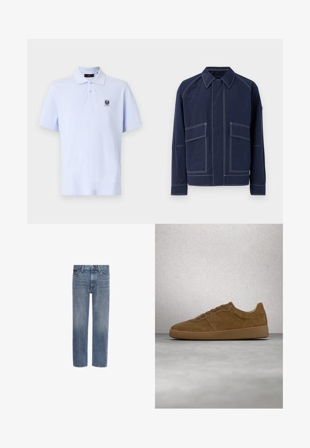 Marineblauwe jas met een kraag, twee grote voorzakken, contrasterende witte stiksels en een ontspannen pasvorm. Gemaakt van lichtgewicht materiaal.; Lichtblauwe polo met een zachte textuur, korte mouwen en een klassieke kraag. Bevat een klein logopatch op de linker borst.; Blauwe spijkerbroek met rechte pijpen, voorzakken, riemlussen en een knoopsluiting.; Bruine suède sneaker met beige veters en rubberen zool. Heeft een afgeronde neus en gestikte details op het bovenwerk. Lichtgewicht ontwerp.