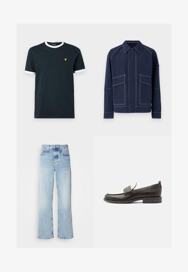 Marineblå jakke med krave, to store frontlommer, kontrast hvide sømme og afslappet pasform. Lavet af letvægtsmateriale.; Marineblå bomulds T-shirt med hvid ribkant ved kraven og ærmekanterne. Udstyret med et lille gult broderet logo på venstre bryst.; Lysblå vide jeans med høj talje, der har en falmet finish, bæltestropper og klassisk fem-lomme design. Kantene er rå.; Mørkebrune herresko i læder med cremefarvet stofpanel og klassisk syning på remmen, flad sål og trækskærm ved hælen.