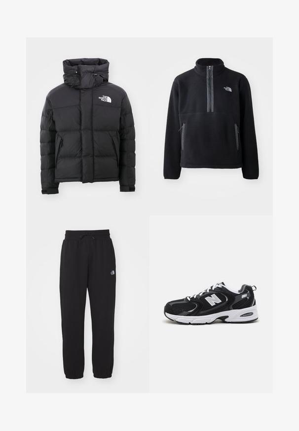 Sort pufferjakke med høj krave, lynlås foran og et broderet logo på den øverste venstre side. Har kviltede sektioner og elastiske manchetter.; Sort fleece halv-zip pullover med høj krave, der har en brystlomme og to sidelommer. Designet inkluderer en kontrastfarvet lynlåsdetalje.; Sorte sweatpants lavet af blødt stof, med en elastisk talje med snor, manchetter ved anklerne og et lille logo på det øverste lår.; Sorte og grå sportssko med mesh og ruskind på overdelen, der har en hvid mellemsål, snørebånd og et iøjnefaldende "N" logo på siden.