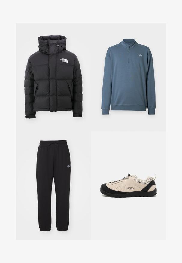 Sort pufferjakke med høj krave, lynlås foran og et broderet logo på den øverste venstre side. Har kviltede sektioner og elastiske manchetter.; Blå langærmet quarter-zip trøje med stående krave og lille hvid The North Face-logo på venstre bryst.; Sorte sweatpants lavet af blødt stof, med en elastisk talje med snor, manchetter ved anklerne og et lille logo på det øverste lår.; Beige ruskindsko med sort gummitåhætte og sål, med snøredesign og åndbare mesh-detaljer på hælen.