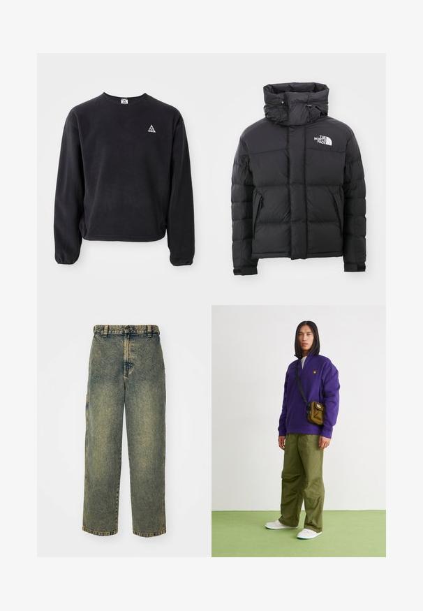 Schwarze Daunenjacke mit hohem Kragen, Reißverschluss vorne und einem gestickten Logo auf der oberen linken Seite. Verfügt über gesteppte Abschnitte und elastische Bündchen.; Schwarzer Pullover mit langen Ärmeln, Rundhalsausschnitt und elastischen Bündchen. Auf der linken Brust befindet sich ein kleines weißes Dreieckslogo. Weicher Stoff.; Baggy-Jeans aus Denim in einer verblassten Blauen und Grünen Waschung. Mit Knopfverschluss, Gürtelschlaufen und Seitentaschen. Flaches Vorderteil und gerades Bein-Design.; Jordan AIR JORDAN 1 ZM CMFT 2 - Sneaker high - summit white/bicoastal/oxidized green