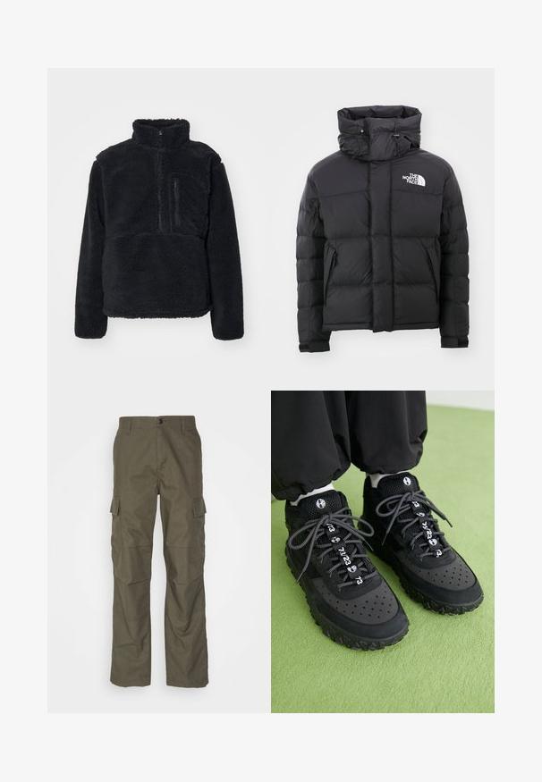 Zwarte pufferjack met een hoge kraag, ritssluiting aan de voorkant en een geborduurd logo op de linkerbovenkant. Beschikt over gestikte delen en elastische manchetten.; Zwarte pullover van zacht, getextureerd fleece. Voorzien van een hoge kraag, een gedeeltelijke rits en een ritsvak op de borst.; Olijfgroene cargobroek met rechte snit, gemaakt van gestructureerde stof. Bevat grote zijzakken en een knoopsluiting.; Zwarte sneakers zijn gemaakt van een mix van leer en mesh-materialen, hebben een gestructureerde rubberen zool, opvallende perforaties en patroonveters met numerieke accenten.