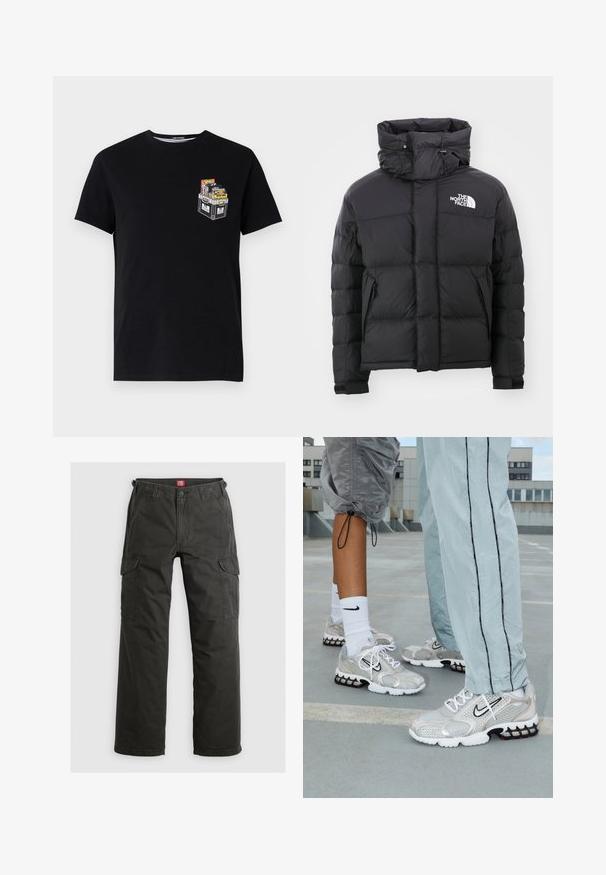 Schwarze Daunenjacke mit hohem Kragen, Reißverschluss vorne und einem gestickten Logo auf der oberen linken Seite. Verfügt über gesteppte Abschnitte und elastische Bündchen.; Schwarzes Baumwoll-T-Shirt mit kurzen Ärmeln, das auf der linken Brustseite ein kleines grafisches Motiv einer Kiste mit bunten Gegenständen zeigt.; Dunkelgraue Cargo-Hosen aus strapazierfähigem Baumwollstoff, ausgestattet mit Seitentaschen, einer lockeren Passform und einem Knopfverschluss an der Taille.; Nike Sportschuhe aus silbernem Mesh-Material, mit weißen Schnürsenkeln, einem schwarzen Swoosh-Logo und einer schwarzen und roten Luftdämpfungsohle.