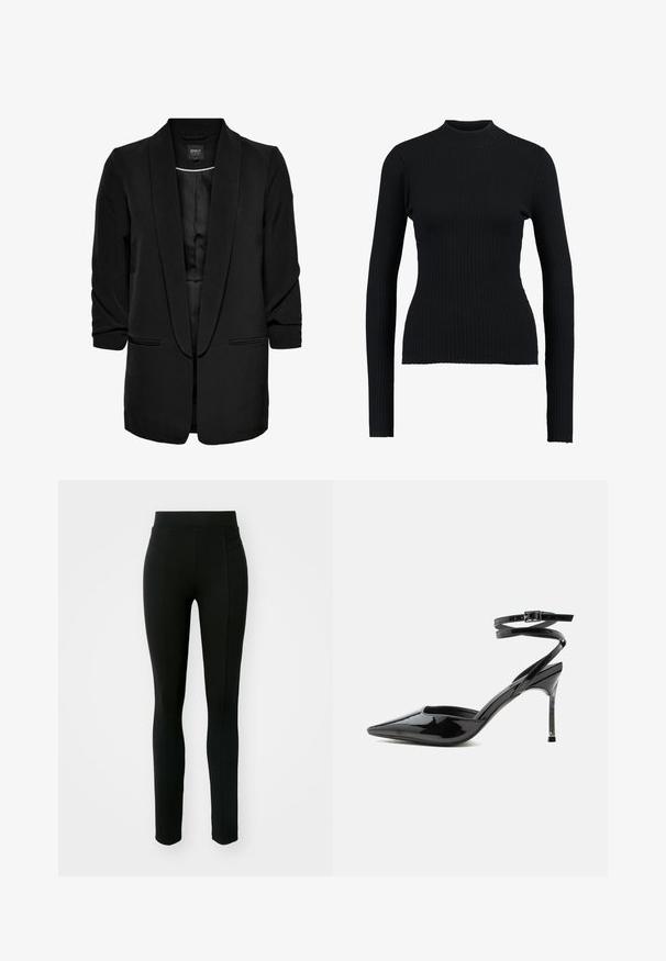 Blazer noir avec une texture lisse, à l'avant ouvert, col châle et deux poches avant. Manches trois-quarts et coupe ajustée.; Pull à col roulé noir à côtes, avec manches longues et une coupe ajustée, présentant une texture lisse et une silhouette structurée.; Leggings noirs en matière extensible, dotés d'une taille haute, d'une coupe slim et de deux poches avant sans coutures visibles.; Escarpin à talon aiguille en cuir verni noir, bout pointu, fines lanières à la cheville et petite boucle.
