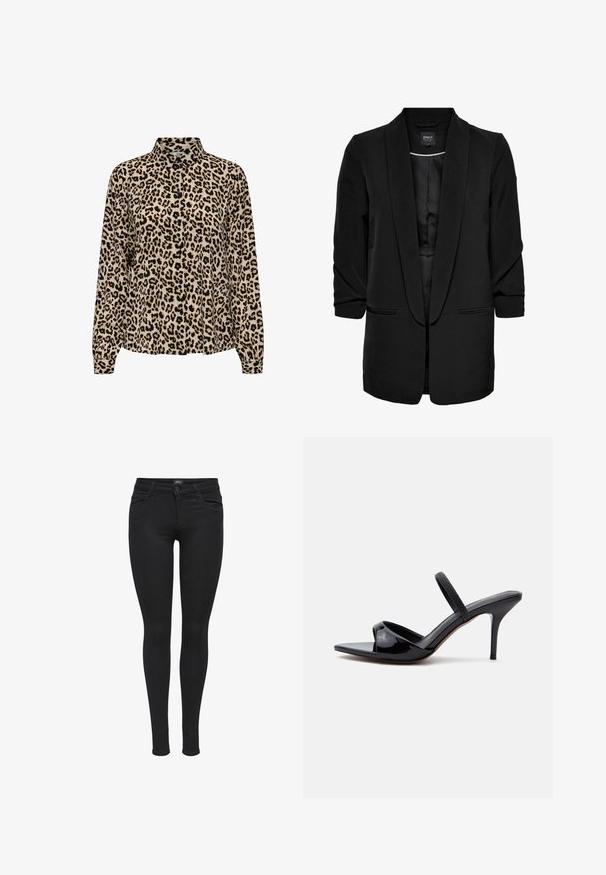 Zwarte blazer met een gladde textuur, open voorkant, schuilcollar en twee voorzakken. Driekwartmouwen en een getailleerde pasvorm.; JDY JDYBROOKE LS NOOS - Overhemdblouse - pumice stone; Zwarte skinny jeans van rekbare denim. Bevat voorzakken, een ritsopening en ceintuurlussen. Glad materiaal zonder zichtbare patronen.; Zwarte sandaal van lakleer met een smalle naaldhak, vierkante neus en een dunne band over de wreef, getoond op een witte achtergrond.