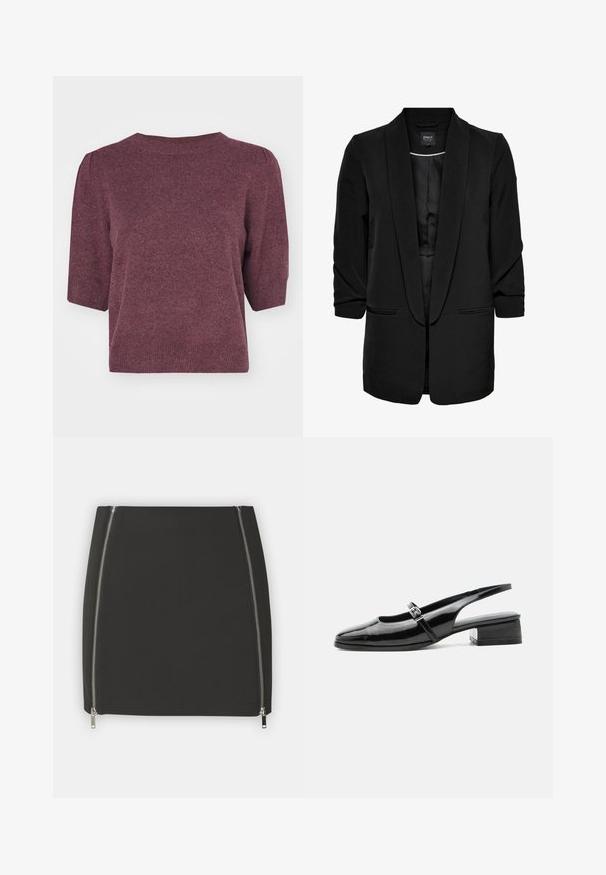 Sort blazerjakke med en glat overflade, åben front, sjalskrave og to frontlommer. Trekvartærmer og en skræddersyet pasform.; Bordeaux strikket sweater med korte puffærmer, rund hals og en let løs pasform. Blød tekstur med et subtilt mønster hele vejen igennem.; Sort nederdel med to sidelukninger. Lavet af glat stof med en tætsiddende pasform og lige kant. Minimalistisk og funktionelt design.; Sort laklæderslingback-sko med lav blokhæl og tynd rem med sølvspænde over toppen.
