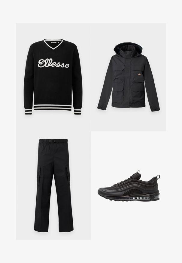Zwarte waterdichte jas met een capuchon, voorzien van vier voorzakken, een ritsluiting en elastische manchetten. Glad textuur, functioneel ontwerp.; Zwarte V-hals trui met witte "Ellesse" logo op de borst en witte strepen op de kraag, manchetten en onderrand.; Zwarte cargobroek met een wijde pasvorm, een verstelbare tailleband met een gesp en twee zijzakken voor opslag. Lichtgewicht stof.; Zwarte sport sneaker met een glad bovenwerk van synthetisch materiaal, gerimpeld ontwerp, textielaccenten en een zichtbare luchtkussenzool.