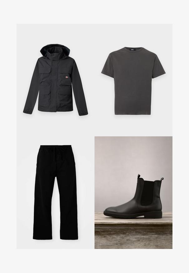 Zwarte waterdichte jas met een capuchon, voorzien van vier voorzakken, een ritsluiting en elastische manchetten. Glad textuur, functioneel ontwerp.; Grijs T-shirt met korte mouwen van katoen, voorzien van een ronde hals en een losse pasvorm, met een gladde textuur zonder zichtbare patronen of accenten.; Zwarte broek met elastische tailleband en verstelbaar trekkoord, met wijde pijpen en een gladde katoentextuur. Geen zichtbare patronen of hardwaredetails.; Zwarte rubberen Chelsea-boot met een gladde afwerking, elastische zijpanelen en trekbanden, met een lage hak en stevige zool.