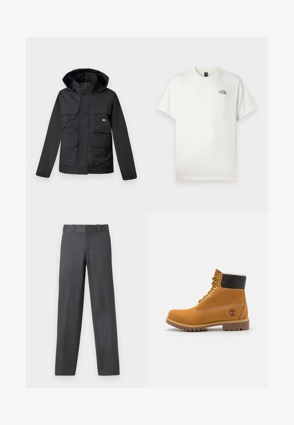 Chaqueta negra impermeable con capucha, que cuenta con cuatro bolsillos frontales, un cierre de cremallera y puños elásticos. Textura suave, diseño funcional.; Camiseta blanca de algodón con mangas cortas, cuello redondo y un pequeño logo impreso en el lado izquierdo del pecho. Textura suave, ajuste relajado.; Pantalones grises confeccionados en una tela suave, con un diseño de pierna recta, cierre de botón y trabillas para cinturón; costuras mínimas y sin patrones.; Botín de cuero marrón con ojales de metal, forro de piel sintética blanca, cuello acolchado negro, suela resistente y logotipo en relieve en el costado.