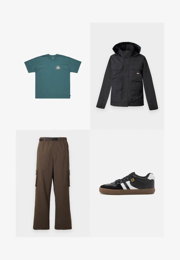 Sort vandtæt jakke med hætte, der har fire forlommer, lynlås foran og elastiske manchetter. Glat tekstur, funktionelt design.; Teal bomulds T-shirt med korte ærmer og løs pasform. Har en trekantet grafik med farverigt design og mærkenavn på brystet.; Brune cargobukser med løs pasform, elastisk taljebånd og to sidelommer. Har et sort mønstret bælte, glat tekstur.; Sorte og hvide sneakers med overdel i ruskind og læder, der har hvide striber, sorte snørebånd og en brun gummisål. Guld logo detaljer.