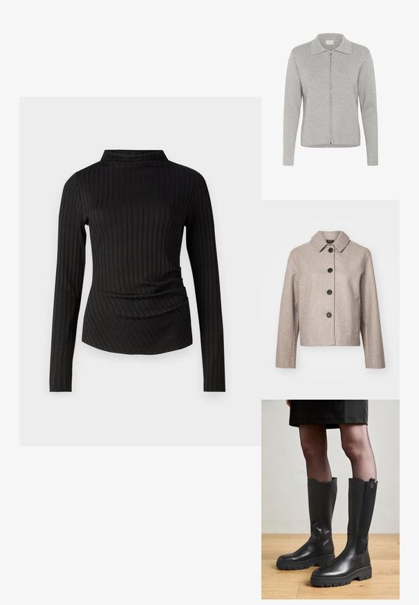 Beige uldblanding cropped jakke med krave, fem sorte knapper og sidelommer, der har et tekstureret stof.; Grå lynlås cardigan med ribbet tekstur, der har en flad krave og lange ærmer. Enkel, minimalistisk design med en glat overflade.; Good American VICTORIAN FUNNEL NECK - Langærmet T-shirt - black; Sorte knæhøje støvler med en glat læderoverflade, elastiske sidedele og en kraftig gummisål med et struktureret mønster.