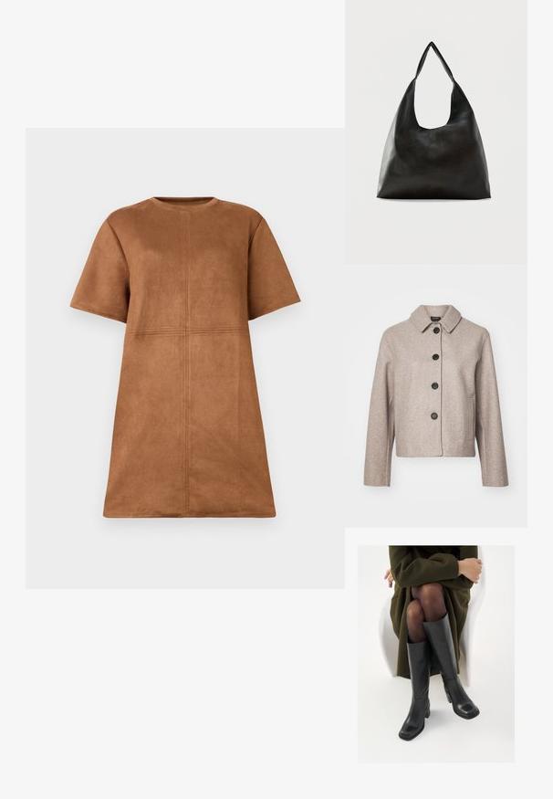 Beige uldblanding cropped jakke med krave, fem sorte knapper og sidelommer, der har et tekstureret stof.; Brun ruskind kortærmet kjole med rund hals og lodrette og vandrette sømdetaljer på forsiden.; Knæhøje sorte læder støvler med firkantet tå og blokhæl, vist med en model siddende i en olivengrøn frakke. Glat tekstur, minimal detaljer.; Sort skuldertaske i glat læder med en bred, enkelt strop og et afslappet, minimalistisk design mod en ensfarvet baggrund.