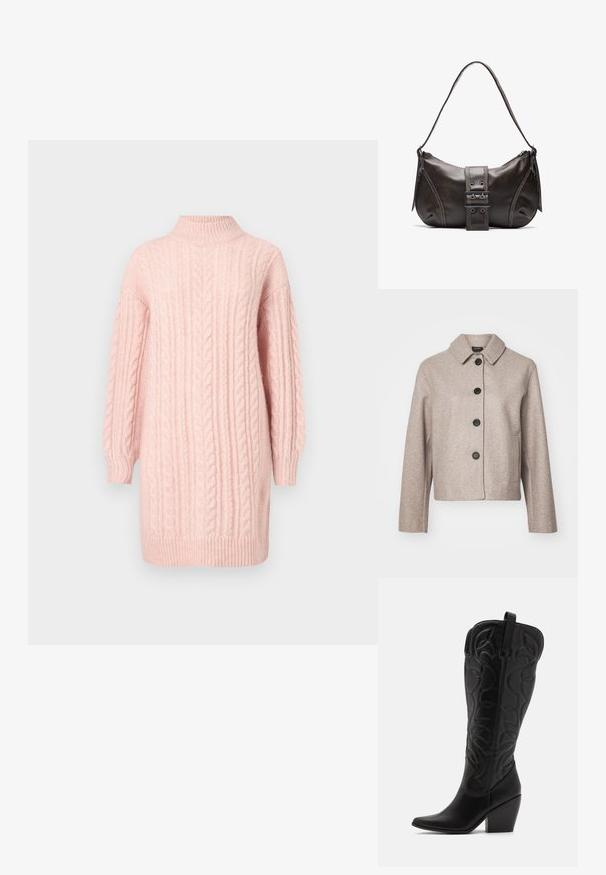 Veste courte en laine beige mélangée avec un col, cinq boutons noirs et poches latérales, à tissu texturé.; Robe en tricot côtelé rose doux avec de longues manches et un col montant, un ourlet et des poignets côtelés sur fond blanc.; Bottes hautes en cuir noir jusqu'aux genoux avec bout pointu et talon empilé. Caractéristiques de coutures décoratives et éléments de design courbés.; Sac à épaule en cuir marron avec une forme courbée, présentant un détail de boucle proéminent, des coutures contrastantes et une seule bandoulière.