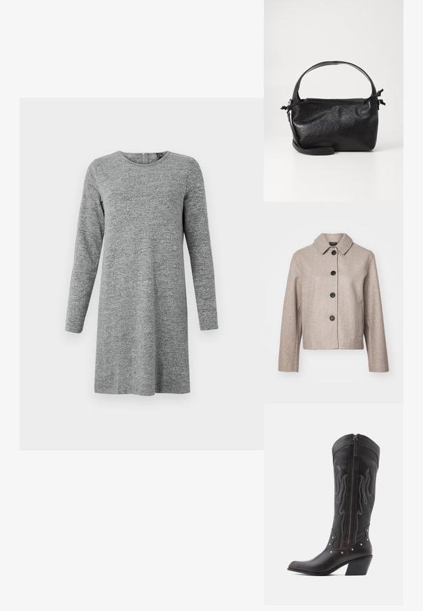 Veste courte en laine beige mélangée avec un col, cinq boutons noirs et poches latérales, à tissu texturé.; Robe en maille à manches longues, gris clair, avec un col rond et une fermeture éclair dans le dos.; Bottes de cowboy en cuir marron avec surpiqûres en forme de flammes, fermeture éclair latérale, clous argentés, bout pointu et talon superposé.; Sac à main en cuir noir au design structuré, avec une poignée arrondie et une bandoulière amovible. Présente une texture lisse et un éclat subtil.