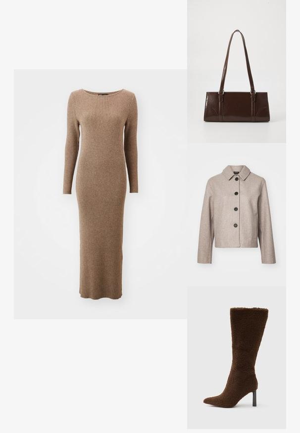 Chaqueta corta de mezcla de lana en color beige con cuello, cinco botones negros y bolsillos laterales, con una tela texturizada.; Vestido de manga larga de canalé en un cálido color marrón, con un escote redondo y un diseño ajustado que llega hasta los tobillos.; Bota marrón con tacón, material texturizado y esponjoso. Presenta punta puntiaguda y tacón cuadrado estrecho. Diseño vertical con caña alta.; Bolso de mano de piel sintética marrón con forma rectangular, dos asas largas y sutiles acentos curvados en la parte delantera.