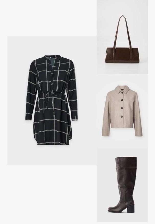 Beige wolmix cropped jacket met een kraag, vijf zwarte knopen en zijzakken, van een gestructureerde stof.; Zwarte jurk met een ruitpatroon in het wit, lange mouwen, een knoopsluiting aan de voorkant en een tailleband voor een verstelbare pasvorm. Glad stofoppervlak.; Bruine leren kniehoog laars met een ronde neus en een gestapelde hak. Heeft een gladde textuur en zijstiksel details.; Bruine lakleren handtas met een rechthoekige vorm, twee lange handvatten en subtiele gebogen accenten aan de voorkant.